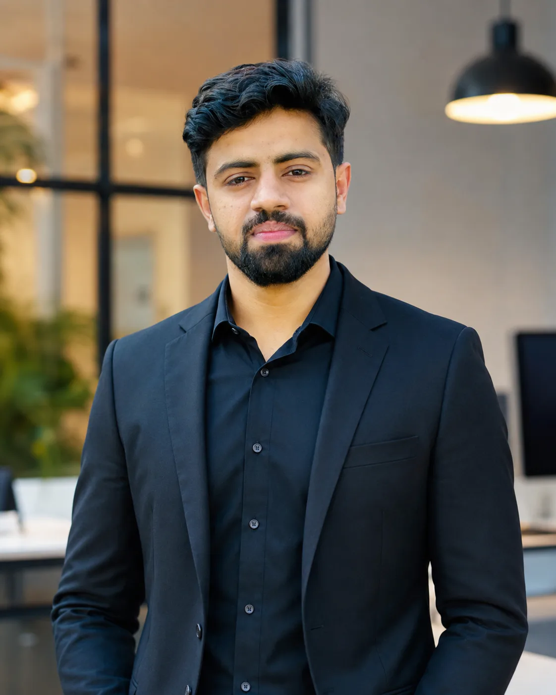 Abdul Moiz in a black suit, full-stack developer portrait